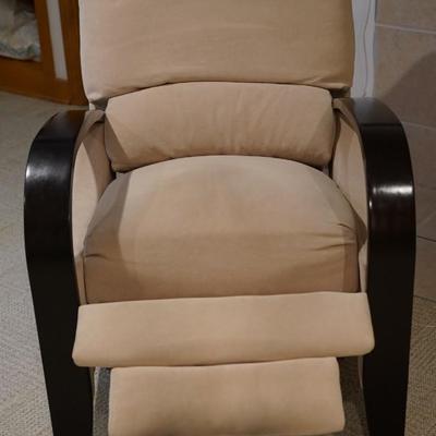 Sale Photo Thumbnail #9: This chair with footrest & reclines. When you press on the back of the chair the footrest folds out
 very soft fabric of beige tone. 
the bentwood arms are a painted black wood.
good condition with very light stain the top right. Not bad
Height in back" 