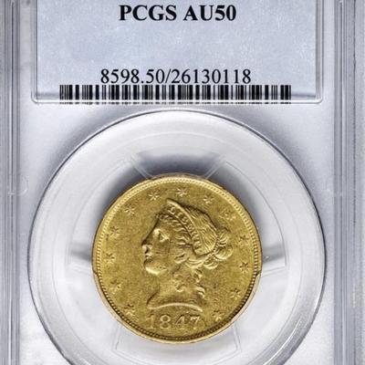 1847 O $10 LIBERTY HEAD GOLD EAGLE PCGS AU 50