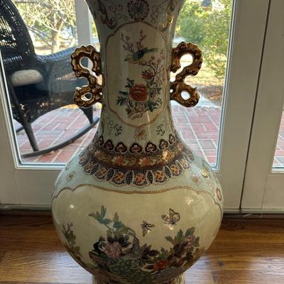 Sale Photo Thumbnail #153: DOUBLE DRAGON HANDLE OVERSIZED ASIAN VASE BIRD DECORATED 28 1/2" TALL