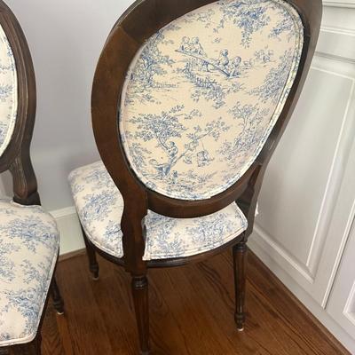 PAIR TOILE UPHOLSTERED DINING CHAIRS