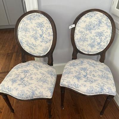 PAIR TOILE UPHOLSTERED DINING CHAIRS