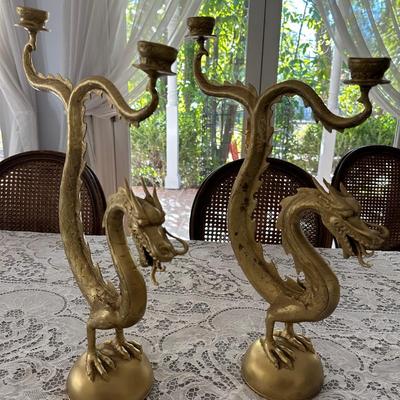 BALINESE DRAGON BRASS CANDLEABRA PAIR