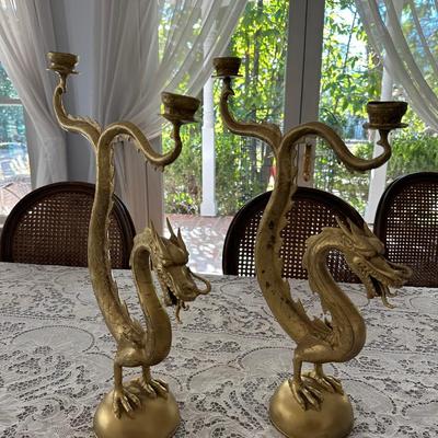 Sale Photo Thumbnail #406: BALINESE DRAGON BRASS CANDLEABRA PAIR 19" TALL