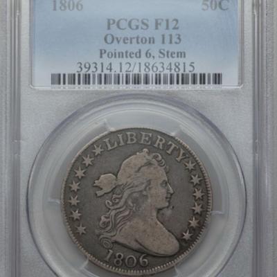 Very Rare 1806 50C Draped Bust Half Dollar Pointed 6, Stem, O-113, T-13, R.6