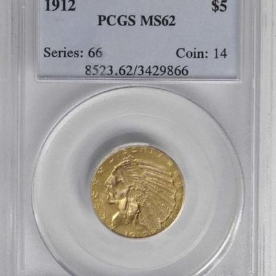 1912 P $5 GOLD INDIAN HEAD HALF EAGLE PCGS MS 62