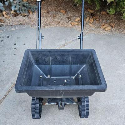 Vintage metal two-wheel Yard & Country Garden cart and fertilizer Spreader