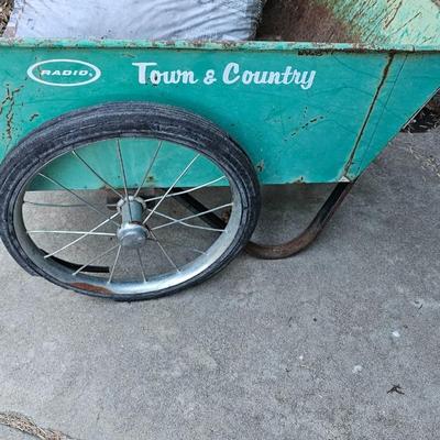 Vintage metal two-wheel Yard & Country Garden cart and fertilizer Spreader