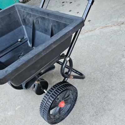 Vintage metal two-wheel Yard & Country Garden cart and fertilizer Spreader