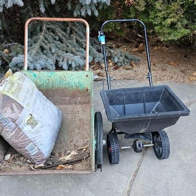 Vintage metal two-wheel Yard & Country Garden cart and fertilizer Spreader