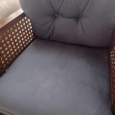 Mid Century Wood Frame Button Back Sitting Chair with Cane Filled Arm Rests