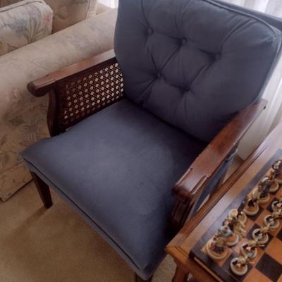 Mid Century Wood Frame Button Back Sitting Chair with Cane Filled Arm Rests