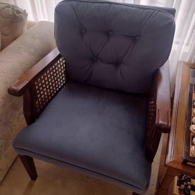 Mid Century Wood Frame Button Back Sitting Chair with Cane Filled Arm Rests