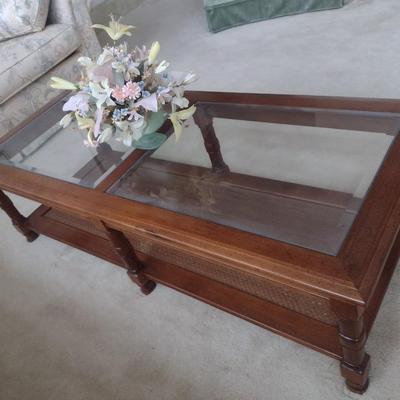 Solid Wood Coffee Table with Glass Top and Cane Bottom Shelf
