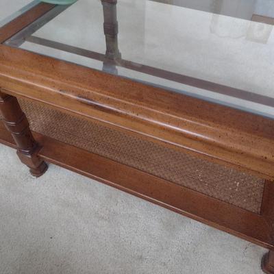 Solid Wood Coffee Table with Glass Top and Cane Bottom Shelf