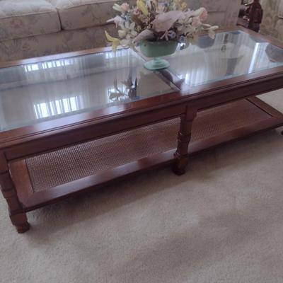 Solid Wood Coffee Table with Glass Top and Cane Bottom Shelf