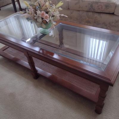 Solid Wood Coffee Table with Glass Top and Cane Bottom Shelf