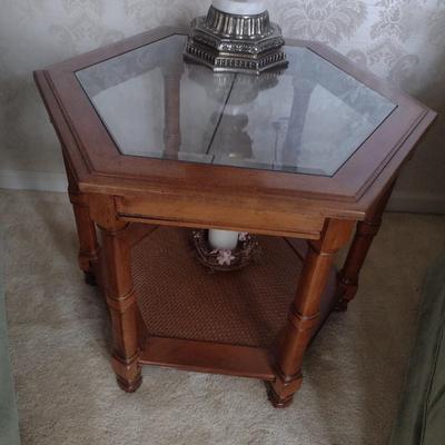 Solid Wood Six-Sided Side Table with Glass Top and Cane Bottom Shelf