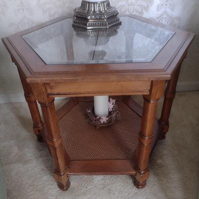 Solid Wood Six-Sided Side Table with Glass Top and Cane Bottom Shelf