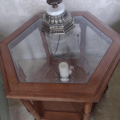 Solid Wood Six-Sided Side Table with Glass Top and Cane Bottom Shelf