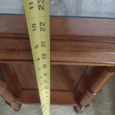 Solid Wood Six-Sided Side Table with Glass Top and Cane Bottom Shelf