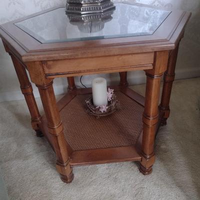 Solid Wood Six-Sided Side Table with Glass Top and Cane Bottom Shelf