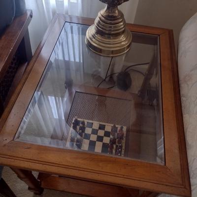 Solid Wood Rectangle Side Table with Glass Top and Cane Bottom Shelf Choice A (No Contents)