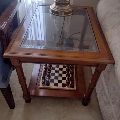 Solid Wood Rectangle Side Table with Glass Top and Cane Bottom Shelf Choice A (No Contents)