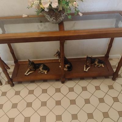 Two Tier Window of Sofa Table with Glass Top and Lower Cane Shelf (No Contents)