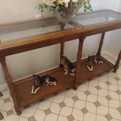 Two Tier Window of Sofa Table with Glass Top and Lower Cane Shelf (No Contents)