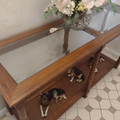 Two Tier Window of Sofa Table with Glass Top and Lower Cane Shelf (No Contents)