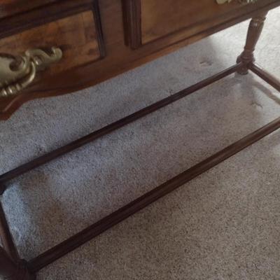 Three Drawer Mahogany Finish Sofa Table (No Contents)