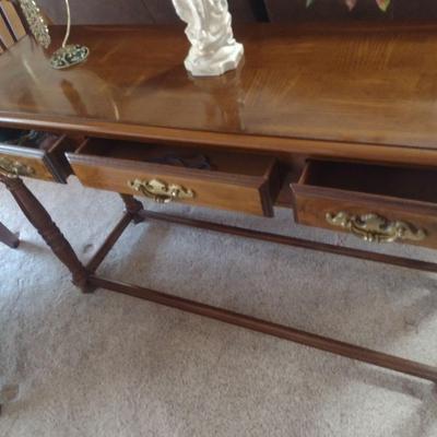 Three Drawer Mahogany Finish Sofa Table (No Contents)