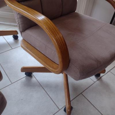 Set of Four Oak Frame Fabric Upholstered Dining Chairs on Castors Choice A