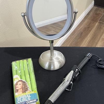 Make up mirror, curling iron, curlers