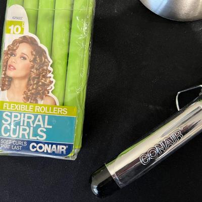 Make up mirror, curling iron, curlers