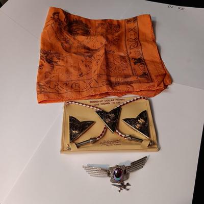 EARLY CHEYENNE FRONTIER DAYS SCARF, ROUND UP COLLAR POINTS & THONG TIE SET