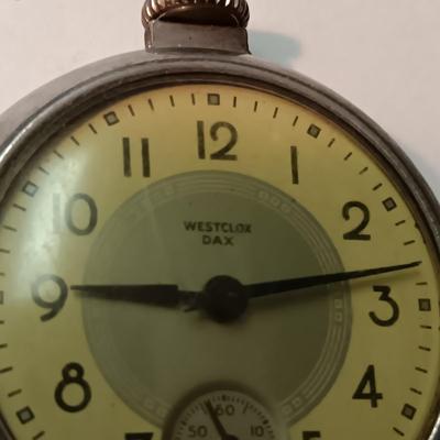 2 WESTCLOX POCKET WATCHES AND A GOLD-TONE CHAIN