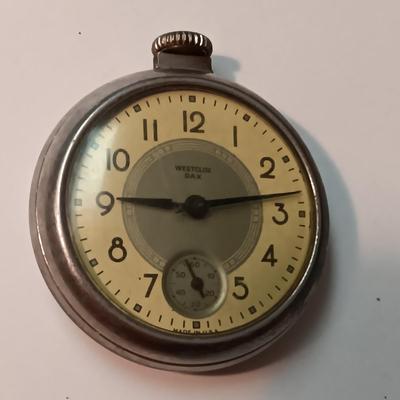 2 WESTCLOX POCKET WATCHES AND A GOLD-TONE CHAIN
