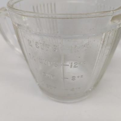 Anchor Hocking Clear Optic Pitcher Ringed Rib Top Band USA Mixing Bowl With Handle & Spout & Measuring Cup