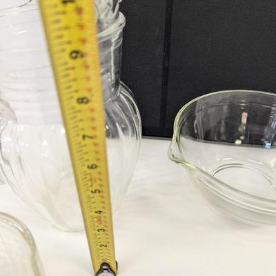 Sale Photo Thumbnail #2347: Anchor Hocking Clear Optic Pitcher Ringed Rib Top Band USA Mixing Bowl With Handle & Spout & Measuring Cup