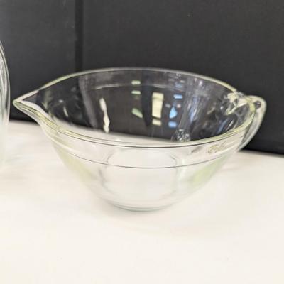 Sale Photo Thumbnail #2345: Anchor Hocking Clear Optic Pitcher Ringed Rib Top Band USA Mixing Bowl With Handle & Spout & Measuring Cup