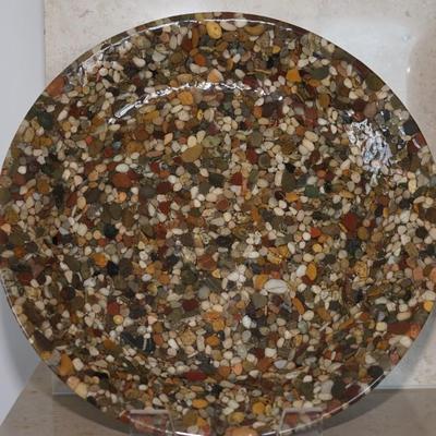 River Rock stones set under plexiglass plate and 18" ceramic vase w/ inlay of bamboo