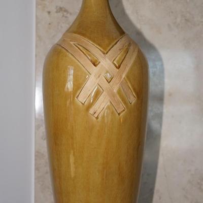 River Rock stones set under plexiglass plate and 18" ceramic vase w/ inlay of bamboo