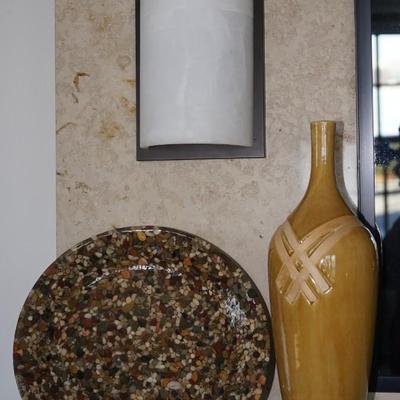 River Rock stones set under plexiglass plate and 18" ceramic vase w/ inlay of bamboo
