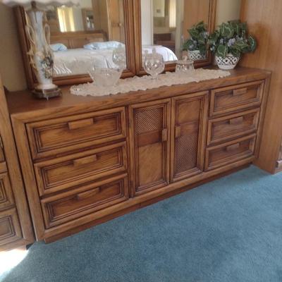 Wood Finish Six Drawer Dresser with Sweater Drawers and Double Mirrors