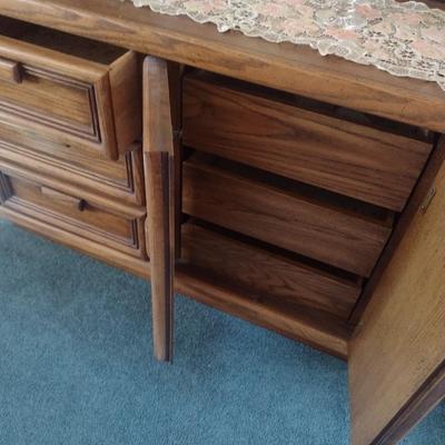 Wood Finish Six Drawer Dresser with Sweater Drawers and Double Mirrors