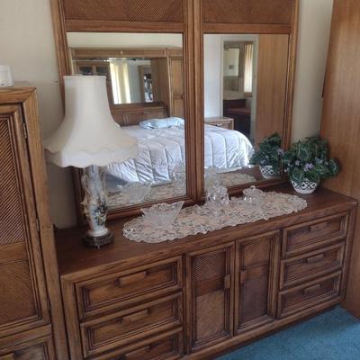 Wood Finish Six Drawer Dresser with Sweater Drawers and Double Mirrors