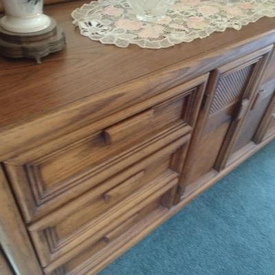 Wood Finish Six Drawer Dresser with Sweater Drawers and Double Mirrors