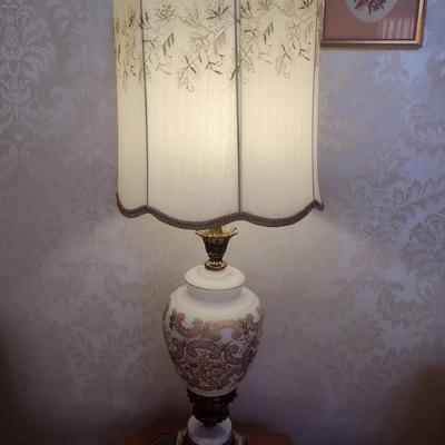 Vintage Satin Milk Glass Lamp with Gold Accent Design