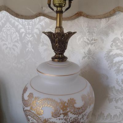 Vintage Satin Milk Glass Lamp with Gold Accent Design